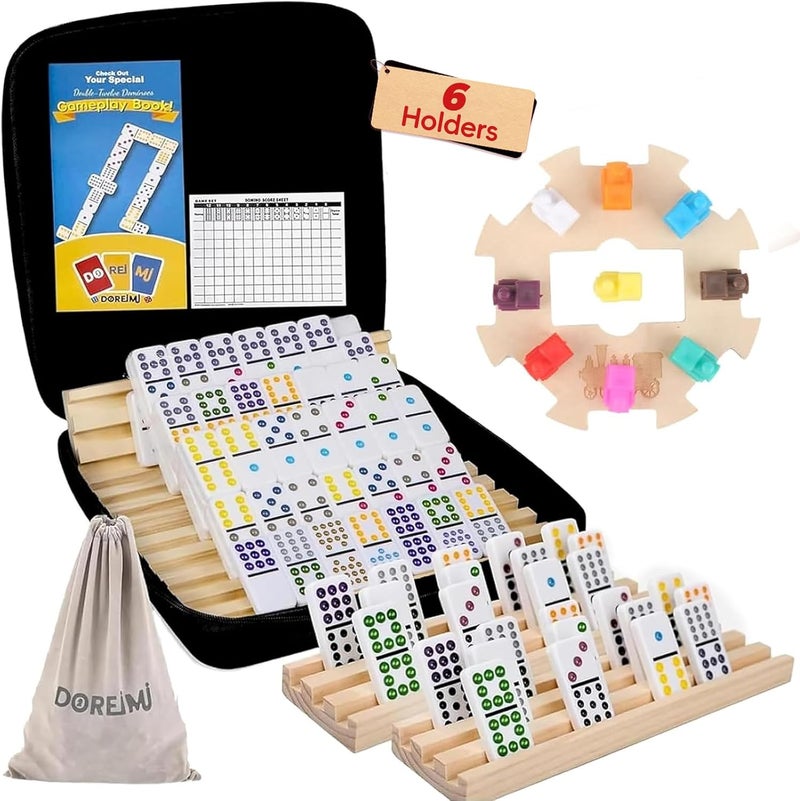 Doreimi Store Mexican Train Dominoes Set with 6 Wooden Holders, Double 12 Colored Dot Dominoes with Update Hub, Travel Train Game with 91 Tiles and Portable Carry Case, Family Board Team Games - Image 1